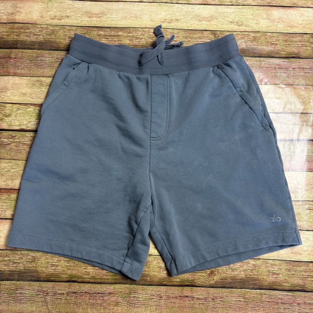 Alo Yoga Mens Lounge Shorts Blue Gray Drawstring Cotton Blend Size Medium